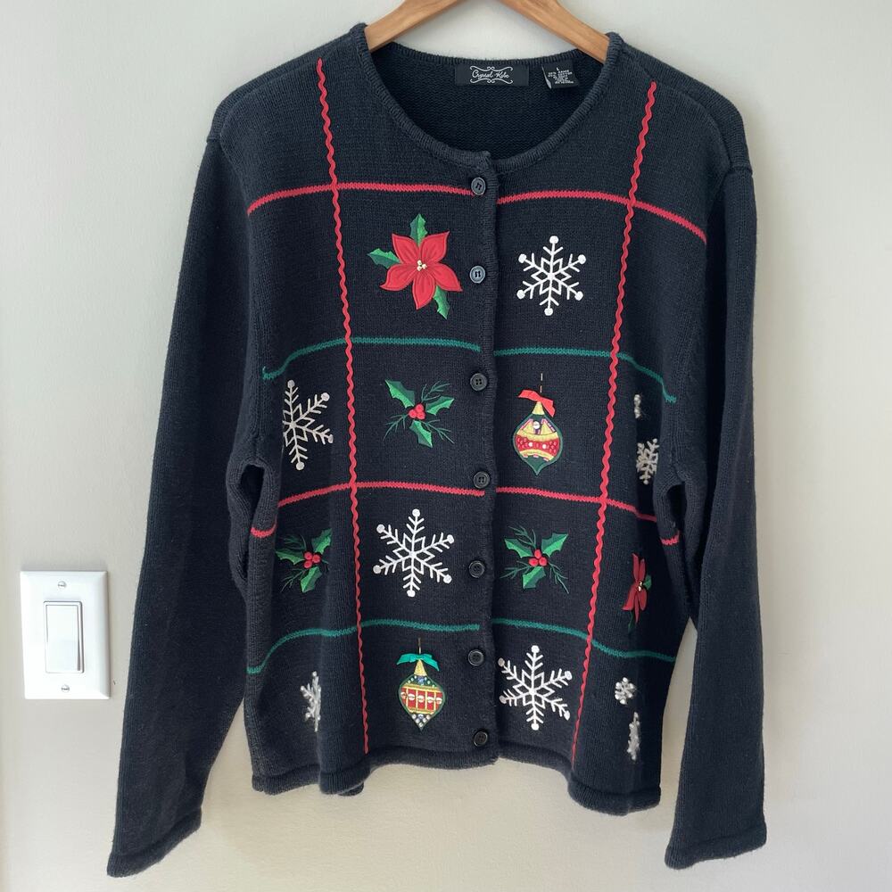 Crystal Kobe Christmas Sweater Cardigan Size L Embroidered Beaded Ornaments